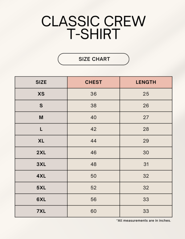 1744980287sizechart.png Heart Classic Crew T-Shirt | Unisex 100% Cotton 180 GSM | Multicolor