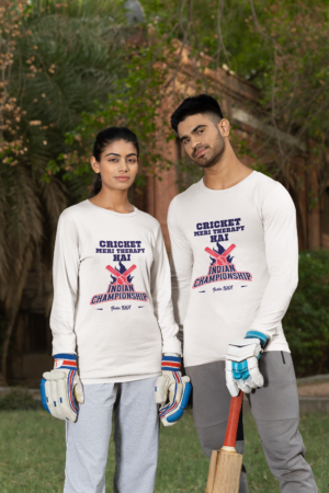 mockup-of-a-man-and-a-woman-wearing-bella-canvas-long-sleeve-tees-in-a-cricket-field-m39937 Cricket Lovers Classic Crew T-Shirt | Unisex 180 GSM Cotton Cricket Fan Tee