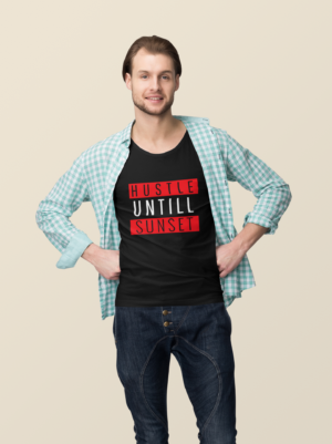 Hustle Until Sunset Classic Crew T-Shirt with motivational graphic, unisex 180 GSM cotton